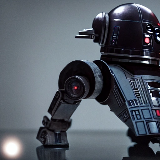 A dramatic droid from the Star Wars RPG universe, with intricate details and glossy metallic finish, photographed by Annie Leibovitz. The droid is captured in the moment of ingesting a small white capsule, set against a dark and moody backdrop. The image is captured with a Canon EOS 1DX Mark II camera, with a shallow depth of field and low ISO to enhance the contrast and provide a cinematic look. The lighting is set up to mimic the dim, atmospheric lighting of the Star Wars films, with soft studio lights diffused through a translucent scrim. The final image is to be a high-resolution, 8k, award-winning masterpiece, with a 3:2 aspect ratio for a horizontal orientation. --ar 3:2