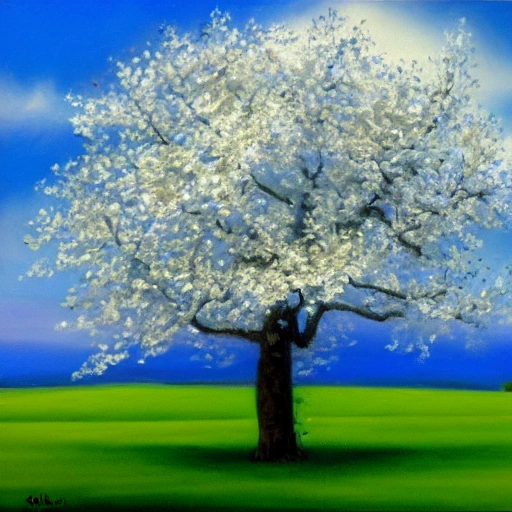 Cherry tree with white flowers on a green lawn, Oil Painting