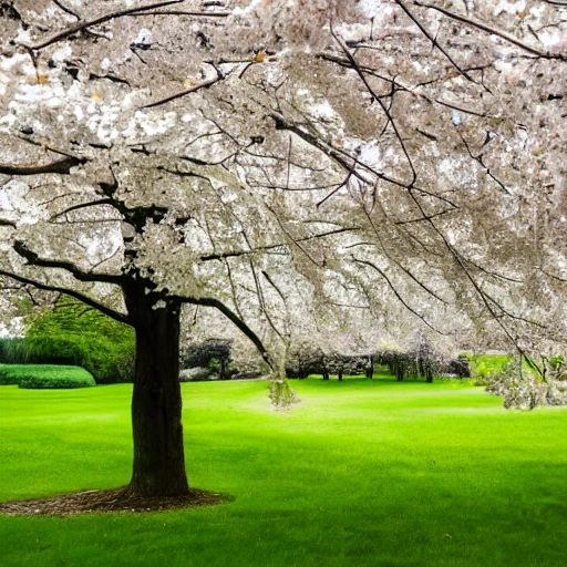 Cherry tree with white flowers on a green lawn
