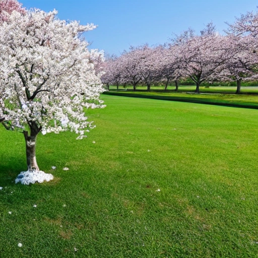 A whole cherry tree with white flowers on a green lawn against a blue sky