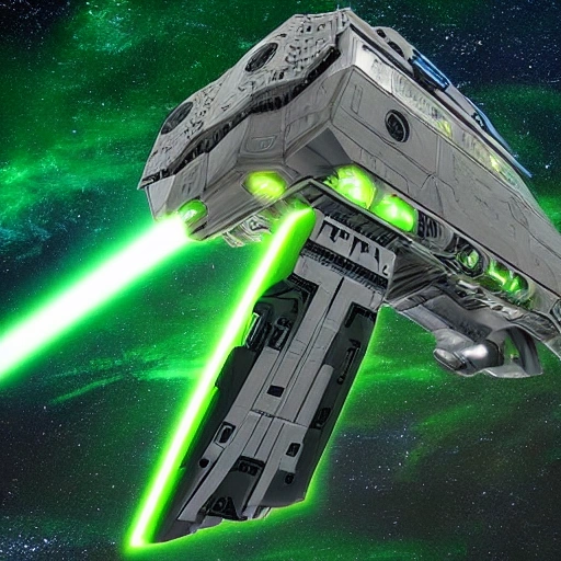 A green and stylish medium-sized freighter, inspired by the Ghtroc 720 from the Star Wars universe, with intricate details and a sleek, turtle-like shape. The freighter is captured in a dramatic pose, set against a bright and vibrant cosmic background. The image is captured with a Nikon D5 camera, with a wide-angle lens and high ISO to capture the grandeur of the freighter and the sweeping vistas of space. The lighting is set up to mimic the bright and warm sunlight of an outdoor summer day, with soft, diffuse sunlight filtered through a thin layer of clouds. The final image is to be a high-definition, cinematic masterpiece, with a 2:3 aspect ratio for a vertical orientation. --ar 2:3