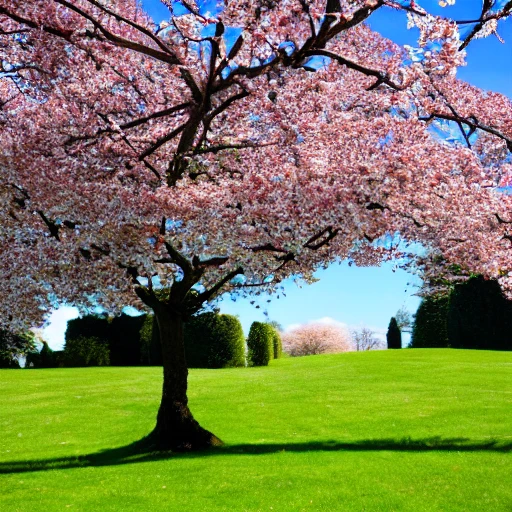  cherry tree with white flowers on a green lawn against a blue sky