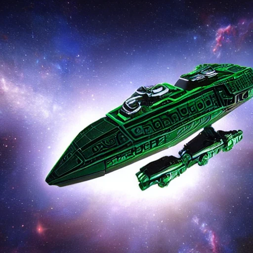 A green and stylish medium-sized freighter, inspired by the Ghtroc 720 from the Star Wars universe, with intricate details and a sleek, turtle-like shape. The freighter is captured in a dramatic pose, set against a bright and vibrant cosmic background. The image is captured with a Nikon D5 camera, with a wide-angle lens and high ISO to capture the grandeur of the freighter and the sweeping vistas of space. The lighting is set up to mimic the bright and warm sunlight of an outdoor summer day, with soft, diffuse sunlight filtered through a thin layer of clouds. The final image is to be a high-definition, cinematic masterpiece, with a 2:3 aspect ratio for a vertical orientation. --ar 2:3