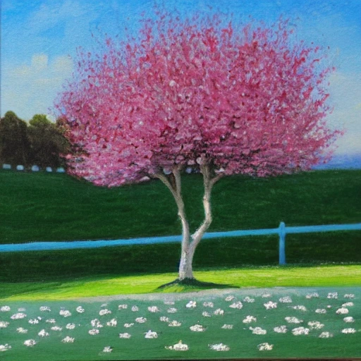  cherry tree with white flowers on a green lawn against a blue sky, Oil Painting