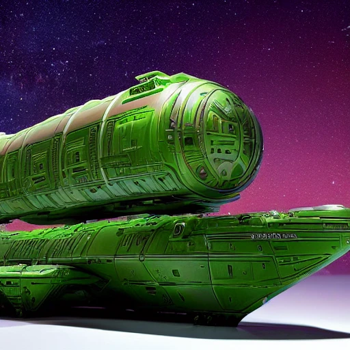 A green and stylish medium-sized freighter, inspired by the Ghtroc 720 from the Star Wars universe, with intricate details and a sleek, turtle-like shape. The freighter is captured in a dramatic pose, set against a bright and vibrant cosmic background. The image is captured with a Nikon D5 camera, with a wide-angle lens and high ISO to capture the grandeur of the freighter and the sweeping vistas of space. The lighting is set up to mimic the bright and warm sunlight of an outdoor summer day, with soft, diffuse sunlight filtered through a thin layer of clouds. The final image is to be a high-definition, cinematic masterpiece, with a 2:3 aspect ratio for a vertical orientation. --ar 2:3