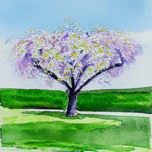  cherry tree with white flowers on a green lawn against a blue sky, Water Color