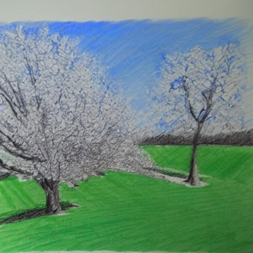 A whole cherry tree with white flowers on a green lawn against a blue sky, Pencil Sketch