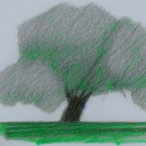 A whole cherry tree with white flowers on a green lawn against a blue sky, Pencil Sketch