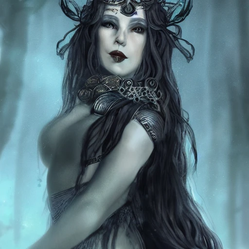 a portrait of scandinavian medieval sorceress, dark fantasy, wearing jewelry, wearing magical amulets, wearing skimpy leather clothing, long dark hair, strong body, woman in 30s, concept art, waist up digital illustration, intricate, elegant, artstation, highly detailed, award winning, hyper realistic, magazine cover, illustration, ambient lighting, 8k, art by Ilya Kuvshinov