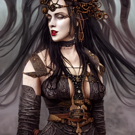 a portrait of scandinavian witch druid queen, dark fantasy, medieval leather clothing, overflowing magical energy, wearing jewelry, wearing magical amulets, wearing skimpy leather clothing, long dark hair, brown skin, big chest, wide hips, strong legs, strong arms, woman in 50s, concept art, waist up digital illustration, intricate, elegant, artstation, highly detailed, award winning, hyper realistic, magazine cover, illustration, ambient lighting, 8k, art by Ilya Kuvshinov