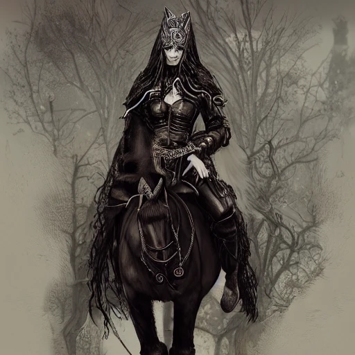 a portrait of scandinavian witch druid queen, dark fantasy, medieval leather clothing, riding an armored black horse, wearing jewelry, wearing magical amulets, wearing skimpy leather clothing, big chest, wide hips, strong legs, strong arms, woman in 40s, concept art, waist up digital illustration, intricate, elegant, artstation, highly detailed, award winning, hyper realistic, magazine cover, illustration, ambient lighting, 8k, art by Ilya Kuvshinov