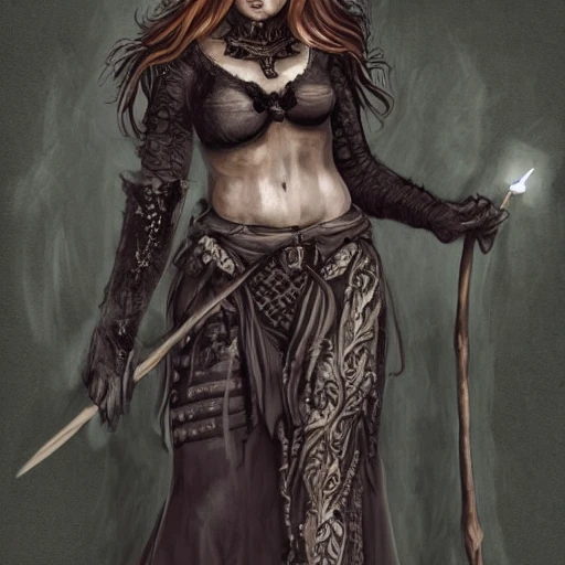 a portrait of scandinavian witch druid queen, dark fantasy, medieval gothic leather clothing, holding a magic staff, wearing jewelry, wearing magical amulets, wearing skimpy leather clothing, big chest, wide hips, strong legs, strong arms, woman in 40s, arm tattoos, concept art, waist up digital illustration, intricate, elegant, artstation, highly detailed, award winning, hyper realistic,, pov, looking at viewer, magazine cover, illustration, ambient lighting, 8k, art by Ilya Kuvshinov