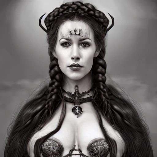 a portrait of scandinavian witch druid queen, seductive sorceress, dark fantasy, magic, long french-braided hair, wearing medieval robe, wearing jewelry, wearing magical amulets, wearing medieval corset, big chest, wide hips, strong legs, strong arms, woman in 30s, concept art, waist up digital illustration, intricate, elegant, artstation, highly detailed, award winning, hyper realistic,, pov, looking at viewer, facing towards the viewer, magazine cover, illustration, ambient lighting, 8k, art by Ilya Kuvshinov