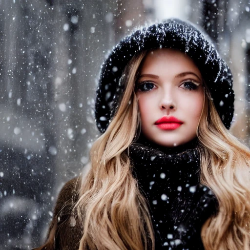 professional portrait photograph of young woman in winter clothing with long wavy blonde hair, ((sultry flirty look)), cute natural makeup, wearing elegant winter fashion clothing, ((standing outside in snowy city street)), stunning modern urban upscale environment, ultra realistic, concept art, elegant, highly detailed, intricate, sharp focus, depth of field, f/1.8, 85mm, medium shot, mid shot, (centered image composition), (professionally color graded), ((bright soft diffused light)), volumetric fog, trending on instagram, trending on tumblr, hdr 4k, 8k