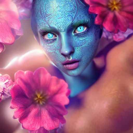 upper-body shot, 1beautiful woman, pretty face, perfect naked breast, colorful flower patterns, detailed blue eyes, extremely detailed, intricate, olumetric lighting, hyper realistic, concept art, awarding winning photography, octane render

{ "Seed": 3289693203, "Scale": 7.5, "Steps": 50, "Img Heigh": 768, "Img Width": 768 }