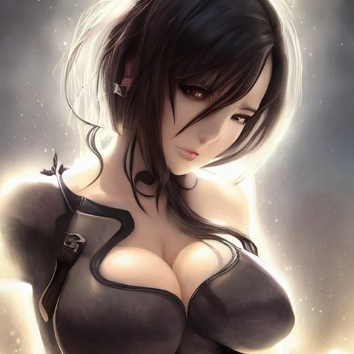 art by artgerm, art station, busty, enormous breasts, fantasy female knight, god rays, highly detailed, hyperrealistic full length portrait of gorgeous anime girl, illustrated, long black hair, long leggings, massive breasts, sexy body, sharp focus, smooth, tiny lace brooch, volumetric lighting