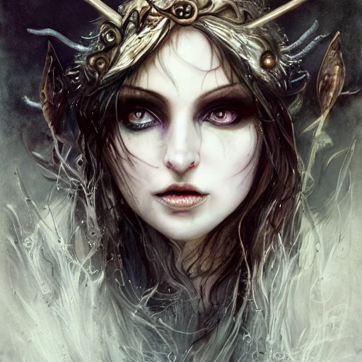 dark fantasy druid witch of the north, scandinavian woman, magic, mystic, gold jewelry, dark hair, Rubens on crack style, dnd character, half body portrait, intricate, digital painting, masterpiece, expert, insanely detailed, 4k resolution, Luis Royo, Ilya Kuvshinov, agnes cecile, wassilly kandinsky, perfect composition