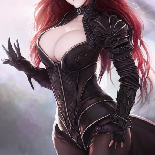 art by artgerm, art station, busty, fantasy female armor, god rays, highly detailed, hyperrealistic waist up portrait of dark fantasy witch, 1girl, gorgeous anime girl, illustrated, long red hair, long leggings, big breasts, athletic body, sharp focus, smooth, medieval corset