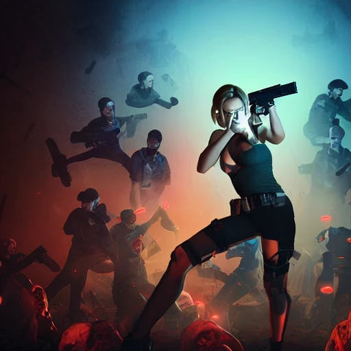 jill valentine, holding a gun, surrounded by zombies, lying into open coffin, dim lighting, led colorful, string lights, octane render, art by artgerm