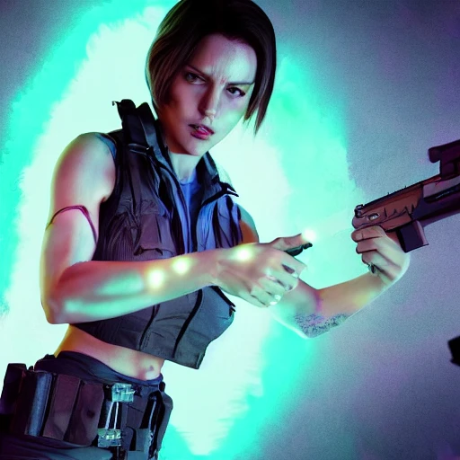 jill valentine, holding a gun, surrounded by zombies, lying into open coffin, dim lighting, led colorful, string lights, octane render, art by artgerm