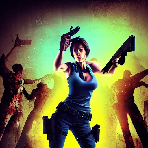 jill valentine, holding a gun, surrounded by zombies, lying into open coffin, dim lighting, led colorful, string lights, octane render, art by artgerm, manga style, sexy, extremely detailed