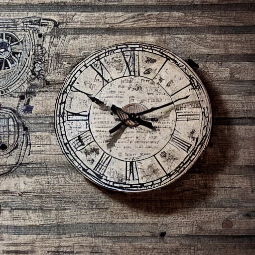 an old wooden clock,  BLUEprint and da Vinci sketch --q 2