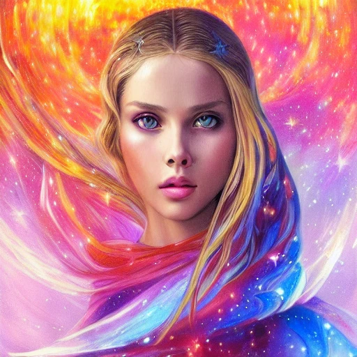 ultra realistic photo portrait of Scarlett Leithold cosmic energy, colorful, painting burst, beautiful symmetrical face, nonchalant kind look, realistic round eyes, tone mapped, intricate, elegant, highly detailed, digital painting, artstation, concept art, smooth, sharp focus, illustration, dreamy magical atmosphere, art by artgerm and greg rutkowski and alphonse mucha, 4k, 8k, perfect naked breast