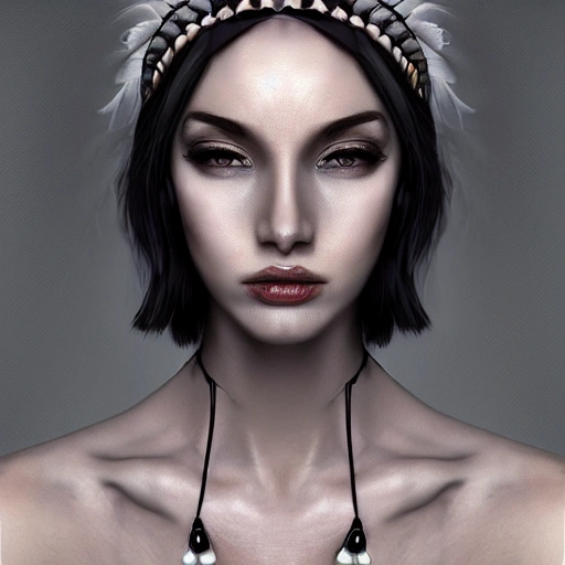 hyper realistic portrait of sexy girl, having a feather cap, a choker and luxurious necklaces, slender and slim, perfect naked breast, detailed eyes, coherent symmetrical face, digital art, perfect anatomy, hyper detailed, highly intricate, concept art, award winning photograph, rim lighting, sharp focus, 8k resolution wallpaper, smooth, denoise