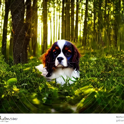 king charles spaniel in the forest, deep green trees around, sun set, rays coming through out leaves, catchy and sensitive style
