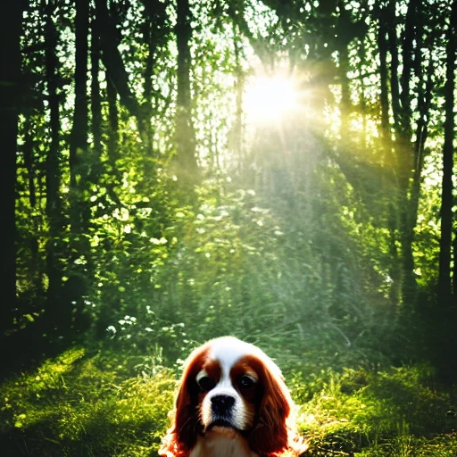 king charles spaniel in the forest, deep green trees around, sun set, rays coming through out leaves, catchy and sensitive style
