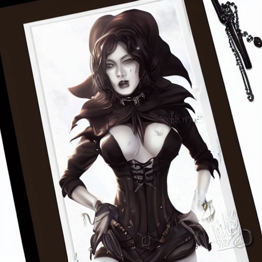 art by artgerm, art station, fantasy female goth thief, god rays, highly detailed, hyperrealistic full length portrait of dark fantasy assassin in her 20s, wearing jewelry, brown skin, 1girl, gorgeous anime girl, illustrated, long ark green hair, big breasts, seductive body, sharp focus, smooth, medieval corset, busty, big breasts, volumetric lighting, looking at viewer, pov, in style of hades videogame, thick black outlines, cartoony, character art