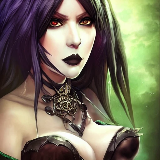 art by artgerm, art station, fantasy female goth thief, god rays, highly detailed, hyperrealistic full length portrait of dark fantasy assassin in her 20s, wearing jewelry, brown skin, 1girl, gorgeous anime girl, illustrated, long ark green hair, big breasts, seductive body, sharp focus, smooth, medieval corset, busty, big breasts, volumetric lighting, looking at viewer, pov, in style of hades videogame, thick black outlines, cartoony, character art