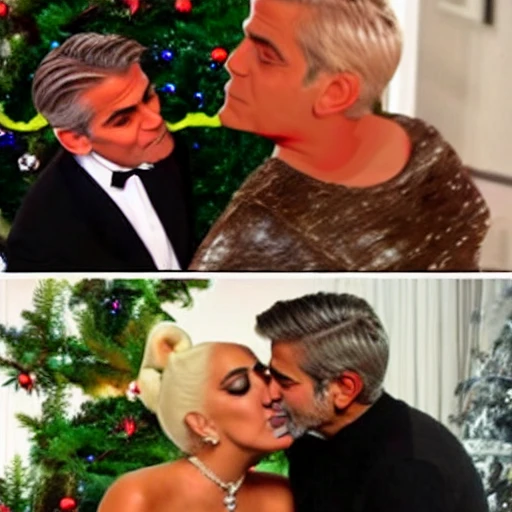 Dog poops in front of the Christmas tree and next to it Lady Gaga kisses George Clooney in hyper realistic