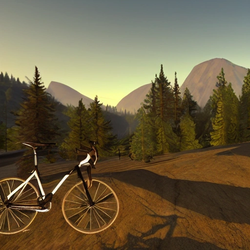 4 person tent on left, cyclocross bicycle on the right leaning on tree,  mountain background, valley in california, ultrarealistic, unreal engine, realistic