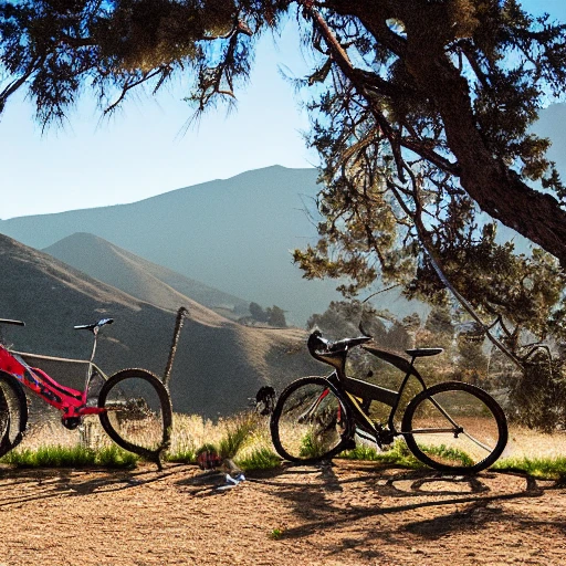 camping tent on left, cyclocross bicycle on the right-leaning on a tree,  mountain background, valley in California, Trippy