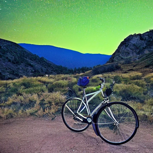 campsite, starry night, valley in California, bicycle  in foreground