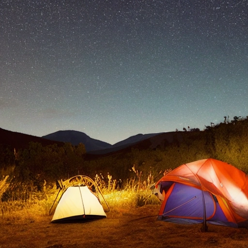 campsite with two tents, starry night, valley in California, bicycle in foreground, realistic