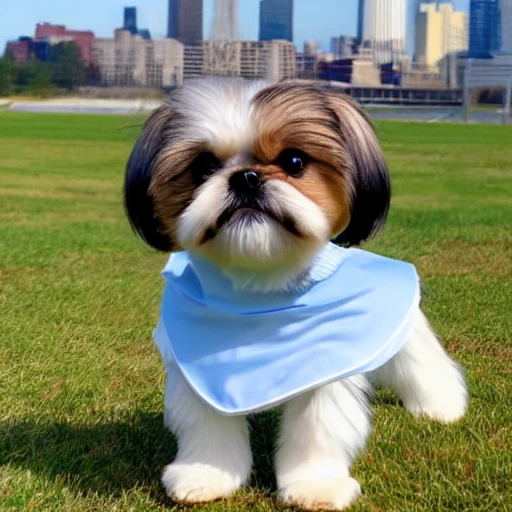 cute Shih Tzu, wearing cape, flying, northern virginia skyline, zoom out --v 4