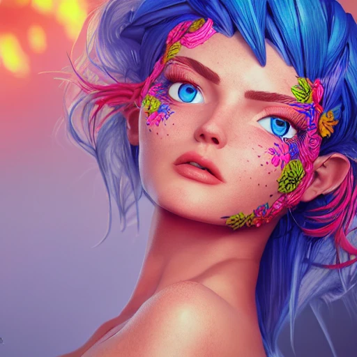 upper-body shot, 1beautiful woman, pretty face, perfect naked breast, colorful flower patterns, detailed blue eyes, extremely detailed, intricate, olumetric lighting, hyper realistic, concept art, awarding winning photography, octane render