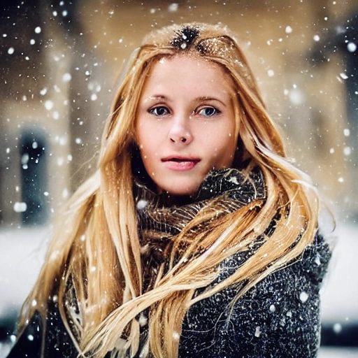 professional portrait photograph of a gorgeous Norwegian girl in winter clothing with long wavy blonde hair, ((sultry flirty look)), freckles, beautiful symmetrical face, cute natural makeup, ((standing outside in snowy city street)), stunning modern urban upscale environment, ultra realistic, concept art, elegant, highly detailed, intricate, sharp focus, depth of field, f/1.8, 85mm, medium shot, mid shot, (centered image composition), (professionally color graded), ((bright soft diffused light)), volumetric fog, trending on instagram, trending on tumblr, hdr 4k, 8k