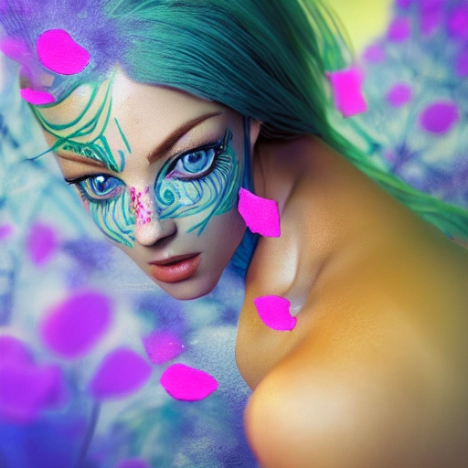 lower-body shot, 1beautiful woman, pretty face, perfect naked, colorful flower patterns, detailed blue eyes, extremely detailed, intricate, olumetric lighting, hyper realistic, concept art, awarding winning photography, octane render