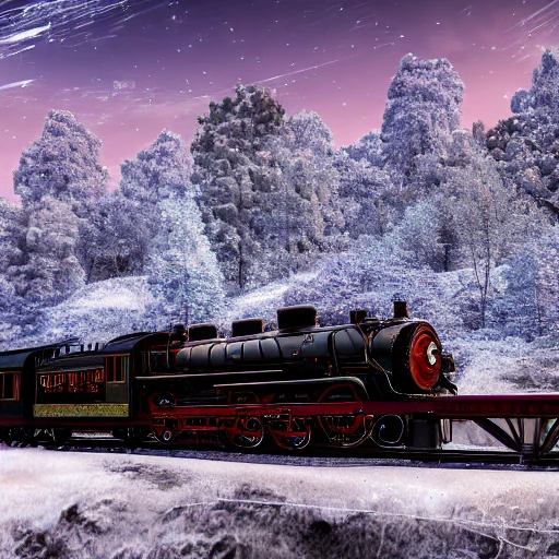 steam train driving through the snow, the polar express, scenic landscape, stunning environment, dusk, ultra detailed, octane render, ultra detail, intricate detail, volumetric lighting, vivid colours, photorealistic, photography, lifelike, high resolution, digital art, ultra wide angle lens, aerial view, elevated view, wallpaper --ar 3:2 --v 4