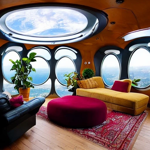 This cozy living room on a space ship features a large, oval-shaped window that offers a stunning view of the earth below. The furniture is warm and inviting, with a plush sofa and armchair upholstered in a rich, burgundy fabric. A wooden coffee table sits at the center of the room, and a few potted plants add a touch of greenery. A cozy fireplace, complete with a faux stone mantel and a flickering LED flame, adds a touch of warmth and comfort. A few framed photos of the earth and the stars hang on the walls, adding a personal touch