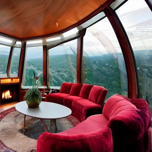 This cozy living room on a space ship features a large, oval-shaped window that offers a stunning view of the earth below. The furniture is warm and inviting, with a plush sofa and armchair upholstered in a rich, burgundy fabric. A wooden coffee table sits at the center of the room, and a few potted plants add a touch of greenery. A cozy fireplace, complete with a faux stone mantel and a flickering LED flame, adds a touch of warmth and comfort. A few framed photos of the earth and the stars hang on the walls, adding a personal touch, Cartoon