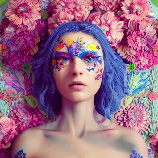 full-body shot, 1beautiful woman, pretty face, perfect naked, colorful flower patterns, detailed blue eyes, extremely detailed, intricate, olumetric lighting, hyper realistic, concept art, awarding winning photography, octane render