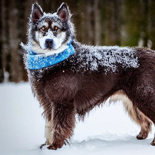 A super realistic dog in the snow: A majestic dog stands in the midst of a snowy landscape, its fur ruffled by the cold winter wind. The dog's coat is a rich shade of brown, with black markings around its eyes and ears. Its eyes are a piercing shade of blue, and its expression is one of alertness and intelligence.

The snow that surrounds the dog is deep and untouched, the flakes swirling and dancing in the air as they fall from the sky. The dog's paws leave a trail in the snow as it moves, its tail wagging excitedly as it takes in its snowy surroundings.

In the distance, a snowy forest can be seen, the trees heavy with the weight of the snow. The dog seems at home in this winter wonderland, its coat perfectly adapted to the cold weather.

As the dog looks out at the snowy landscape, it seems to be filled with a sense of excitement and adventure, ready to explore this new and unfamiliar world.