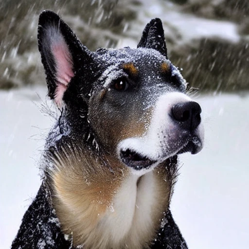 A super realistic dog with a fish head in the snow: A majestic dog stands in the midst of a snowy landscape, its fur ruffled by the cold winter wind. But there is something strange about this dog - instead of a traditional dog's head, it has the head of a fish, complete with scales, gills, and a pair of expressive fish eyes.

The rest of the dog's body is still recognizably canine, with a rich brown coat and black markings around its eyes and ears. Its tail wags excitedly as it takes in its snowy surroundings, its fish head tilting this way and that as it looks around.

The snow that surrounds the dog is deep and untouched, the flakes swirling and dancing in the air as they fall from the sky. The dog's paws leave a trail in the snow as it moves, its body seemingly unaffected by the cold.

In the distance, a snowy forest can be seen, the trees heavy with the weight of the snow. The dog seems at home in this winter wonderland, its coat perfectly adapted to the cold weather.

As the dog looks out at the snowy landscape, it seems to be filled with a sense of excitement and adventure, ready to explore this new and unfamiliar world. Its fish head adds a touch of whimsy and surrealism to the scene, making it a truly unique and memorable image. 50 mm, 4k lens