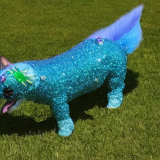 A playful cartoon dog bounds across a lush green field, its back legs replaced with shimmering fish fins. The dog's body is covered in sparkling scales, ranging in color from iridescent blue to bright gold. As it runs, its tail wags happily back and forth, leaving a trail of sparkles in its wake. Despite its unusual appearance, the dog seems completely at home in its surroundings, chasing after butterflies and barking happily at passing birds.