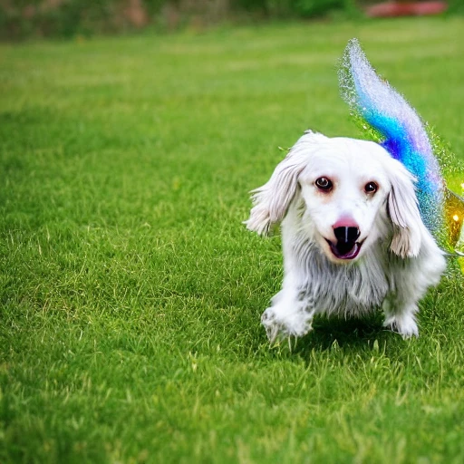 A playful cartoon dog bounds across a lush green field, its back legs replaced with shimmering fish fins. The dog's body is covered in sparkling scales, ranging in color from iridescent blue to bright gold. As it runs, its tail wags happily back and forth, leaving a trail of sparkles in its wake. Despite its unusual appearance, the dog seems completely at home in its surroundings, chasing after butterflies and barking happily at passing birds.