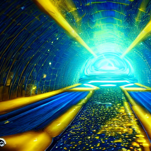  yellow and blue crystal galactic ambiance unknown place tunnel , full of details, smooth, bright sunshine，soft light atmosphere, light effect，vaporwave colorful, concept art, smooth, extremely sharp detail, finely tuned detail, ultra high definition, 8 k, unreal engine 5, ultra sharp focus, Trippy, , Cartoon, , 3D